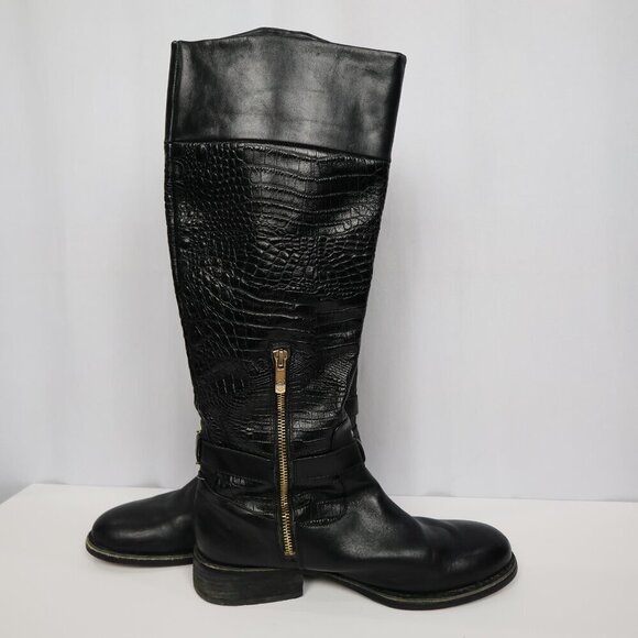 Vince Camuto Black Leather Embossed Knee High Riding Boots Gold Zip Buckle - 10 - Picture 9 of 14